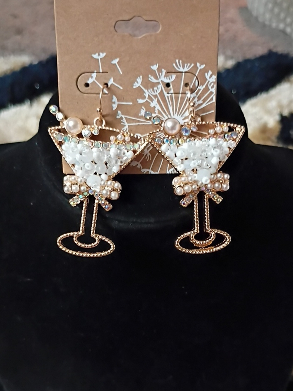 Source Unknown Gold-Tone Martini Glass Drop Earrings with White Beads